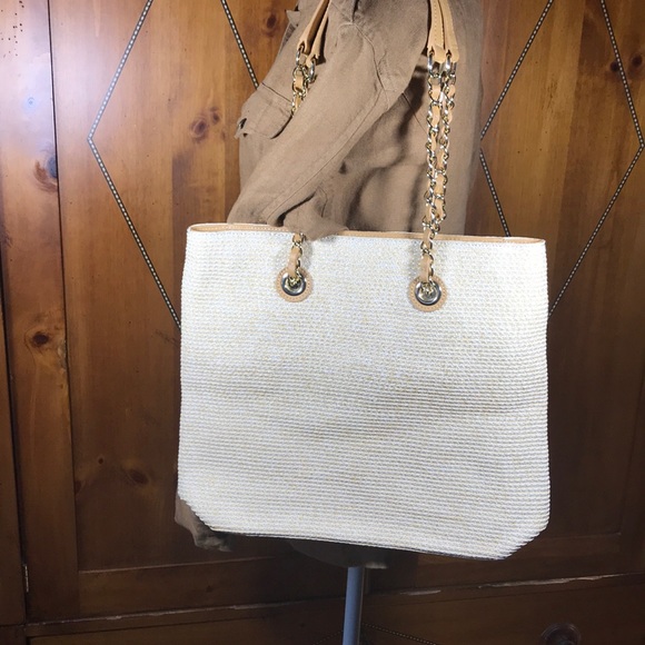 Talbots Handbags - Talbots straw tote with leather and chain handle